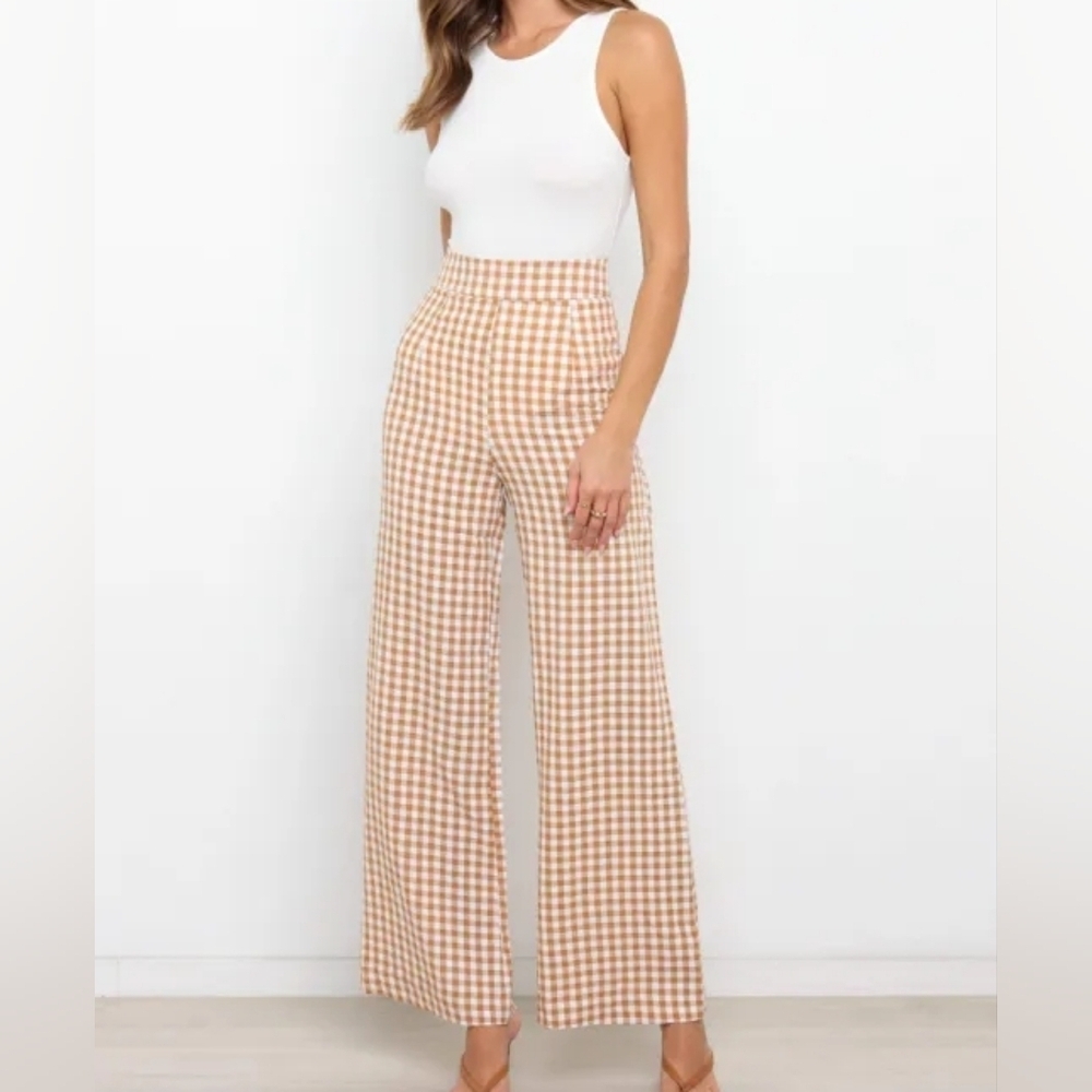 Petal & Pup “Gimmie” High-Rise Wide Leg Pants – Tan Gingham, US 4